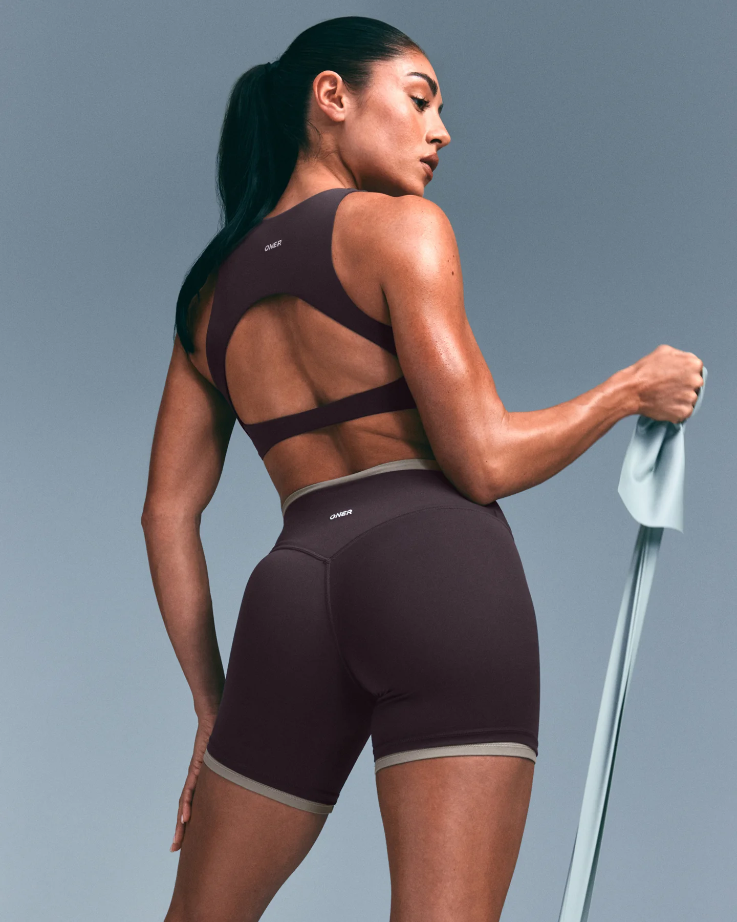 SoftMotion™ High Neck Sports Bra with Grey Logo | Dark Umber Brown - Image 2