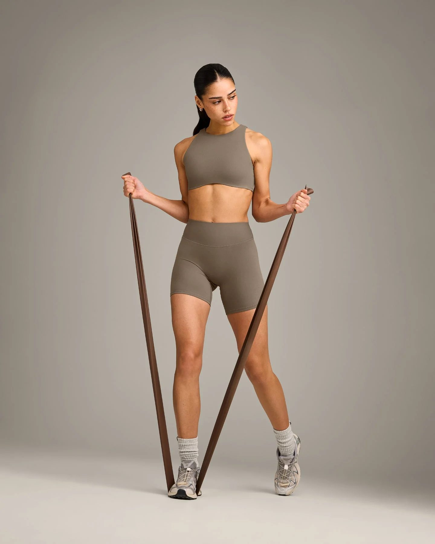 SoftMotion™ High Neck Sports Bra with Grey Logo | Moss Brown - Image 3