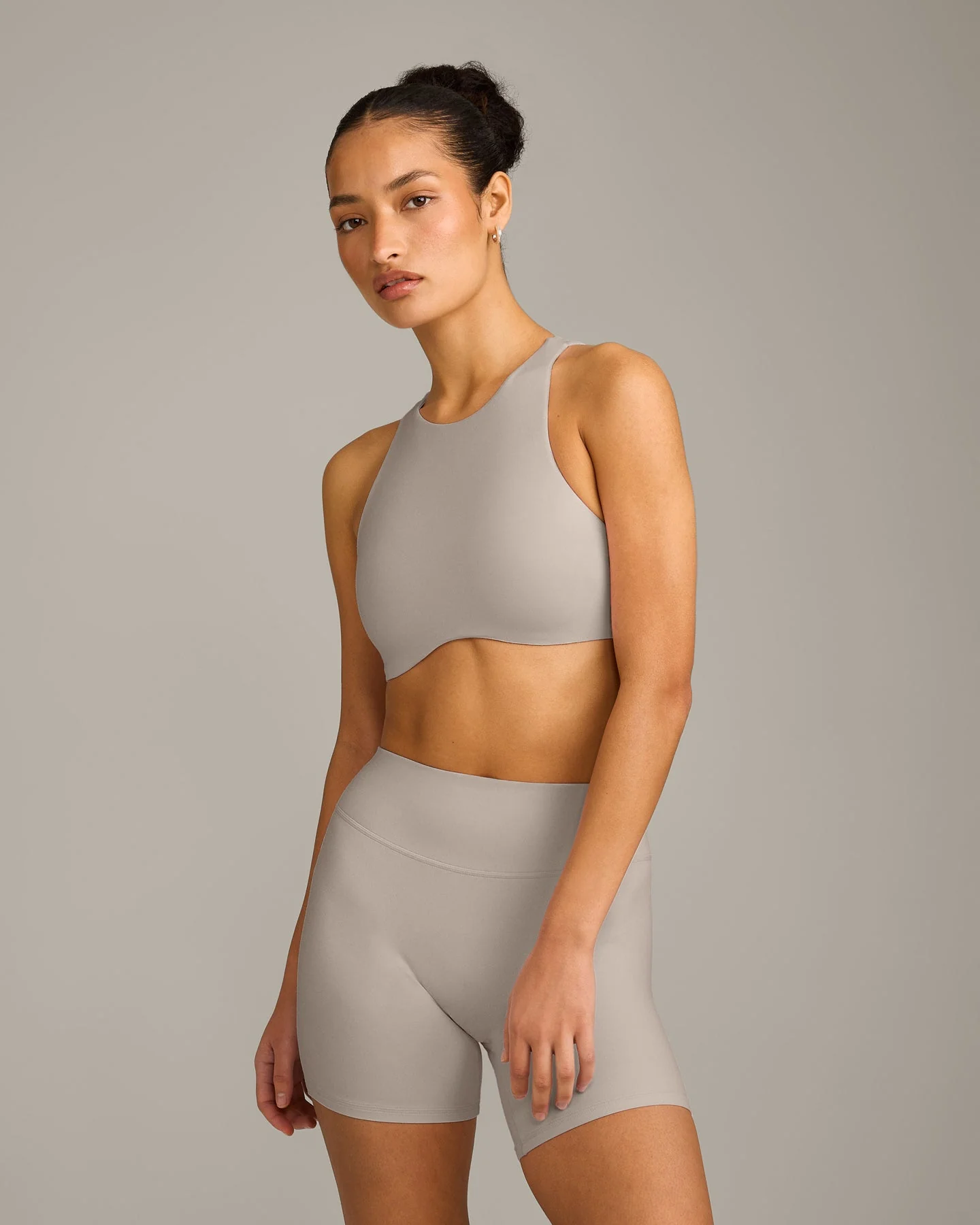 SoftMotion™ High Neck Sports Bra with White Logo | Warm Sand