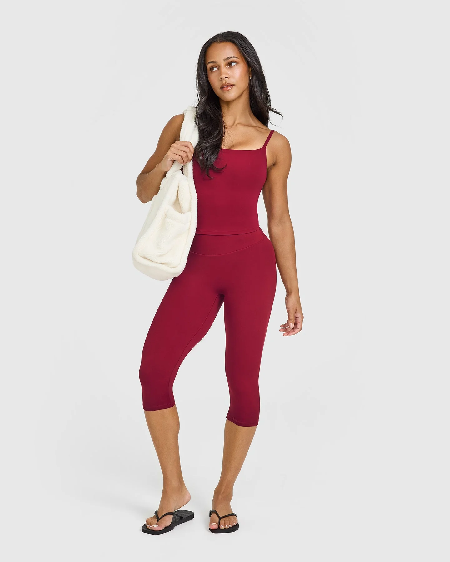 SoftMotion™ High Waisted Capri Leggings with White Logo | Ruby Red - Image 3