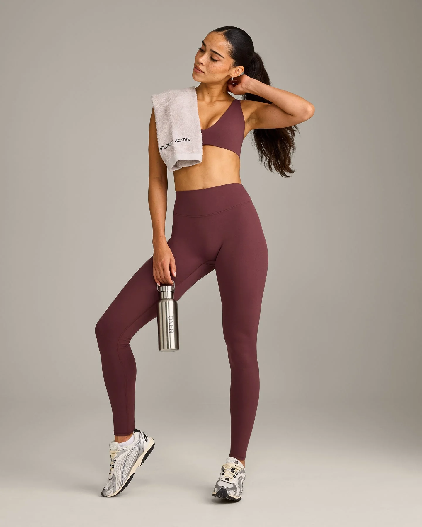 SoftMotion™ High Waisted Leggings with Grey Logo | Velvet Mocha - Image 4