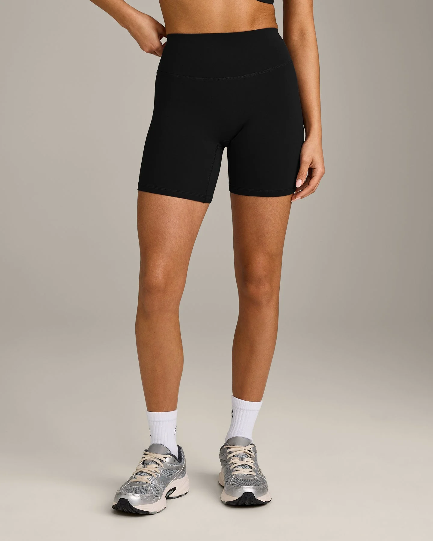 SoftMotion™ High Waisted Shorts 6" with Grey Logo | Black - Image 2