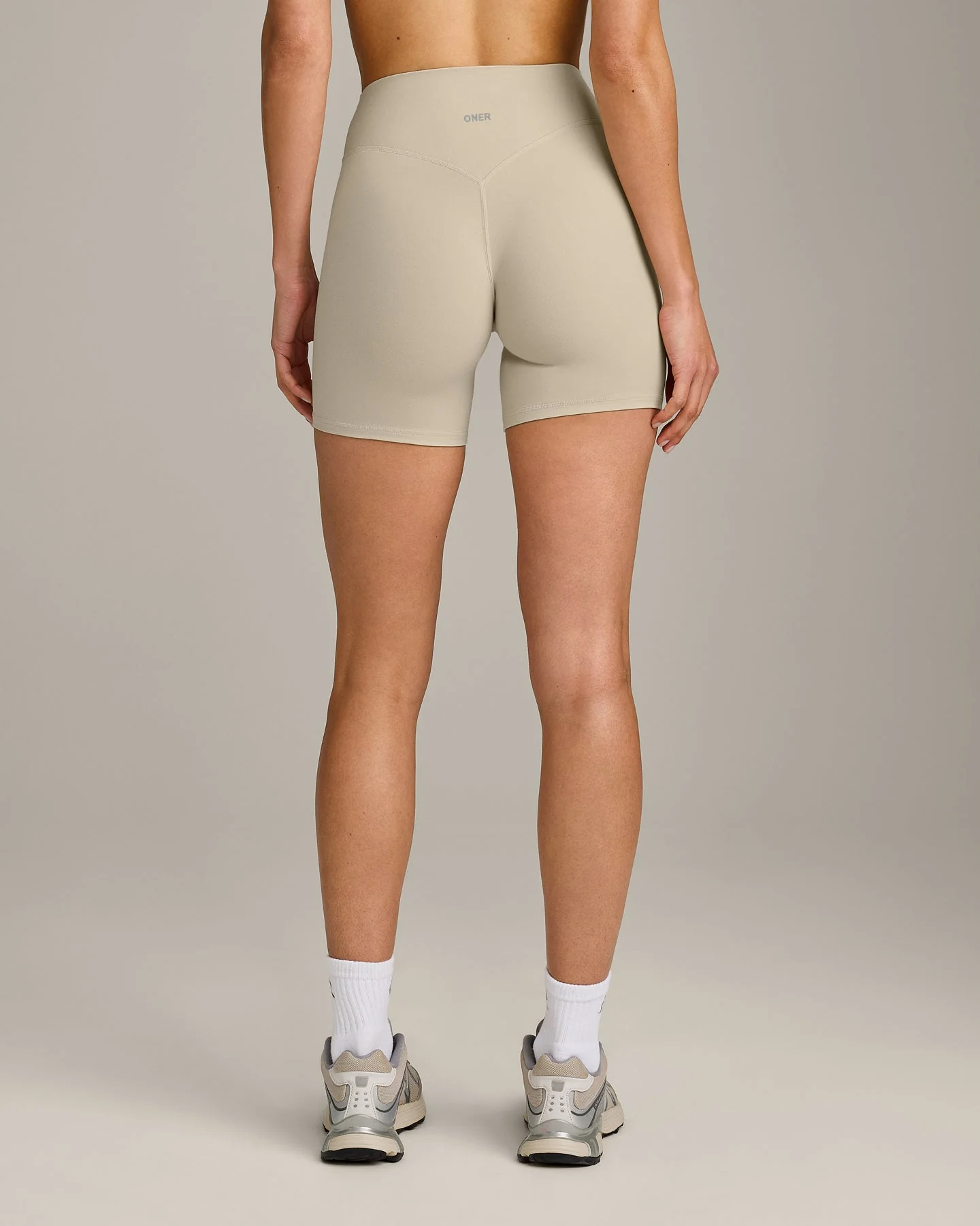 SoftMotion™ High Waisted Shorts 6" with Grey Logo | Oatmeal