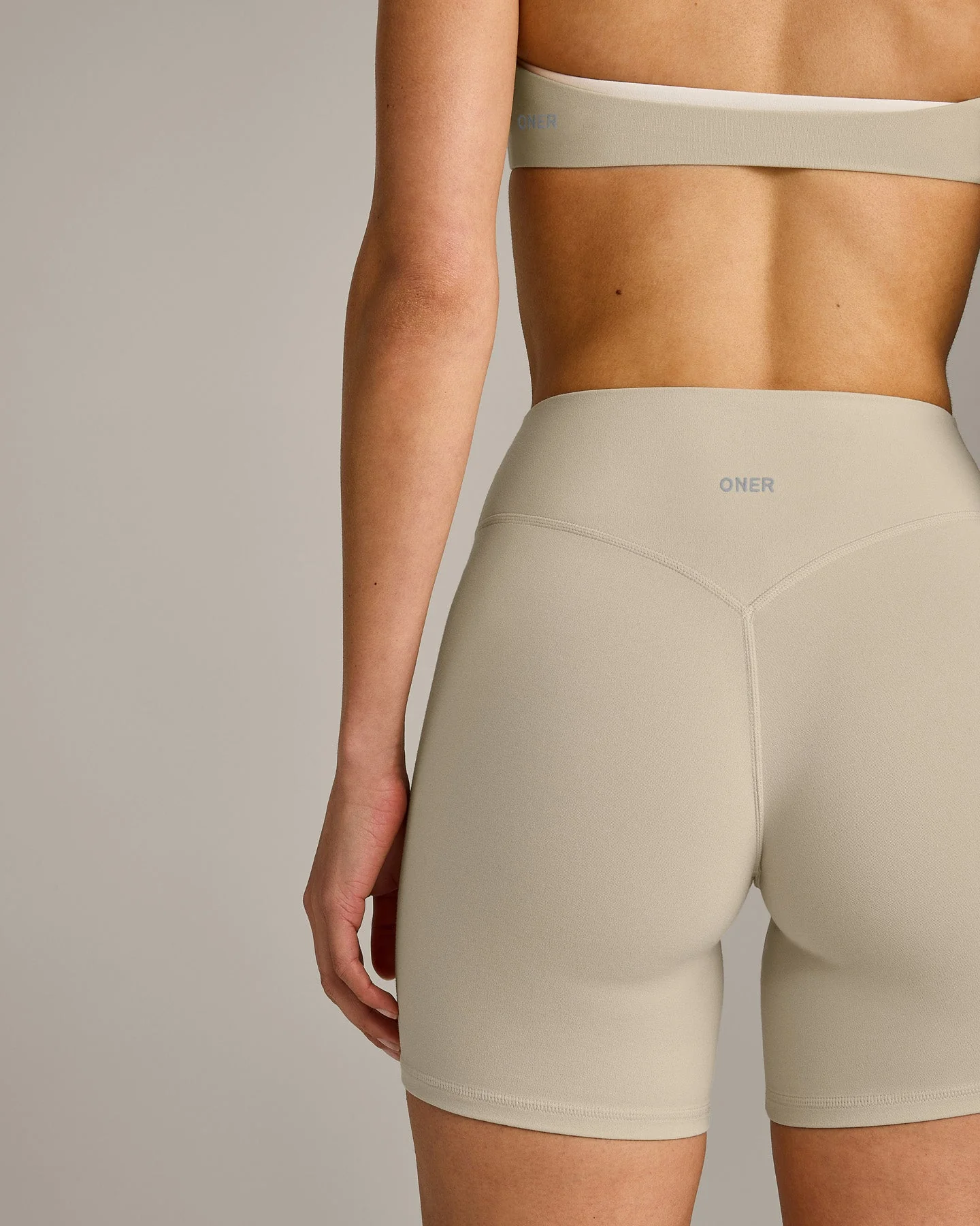 SoftMotion™ High Waisted Shorts 6" with Grey Logo | Oatmeal - Image 5