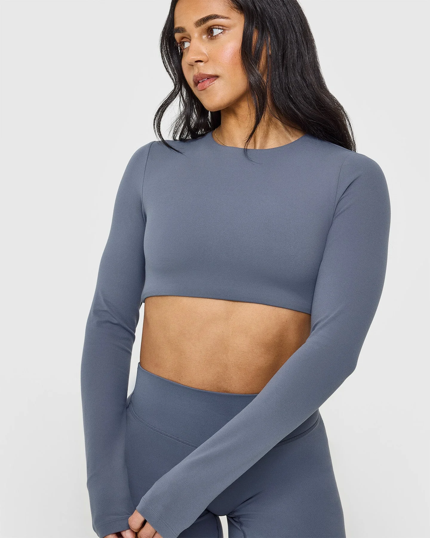 SoftMotion™ Long Sleeve Crop Top with White Logo | Granite Blue - Image 5