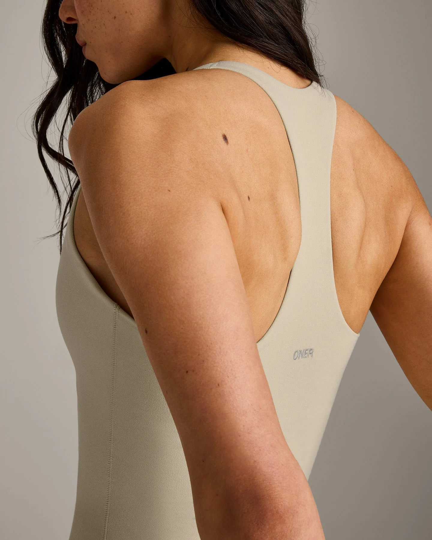 SoftMotion™ Racer Back Dress with Built in Shorts with Grey Logo | Oatmeal - Image 4