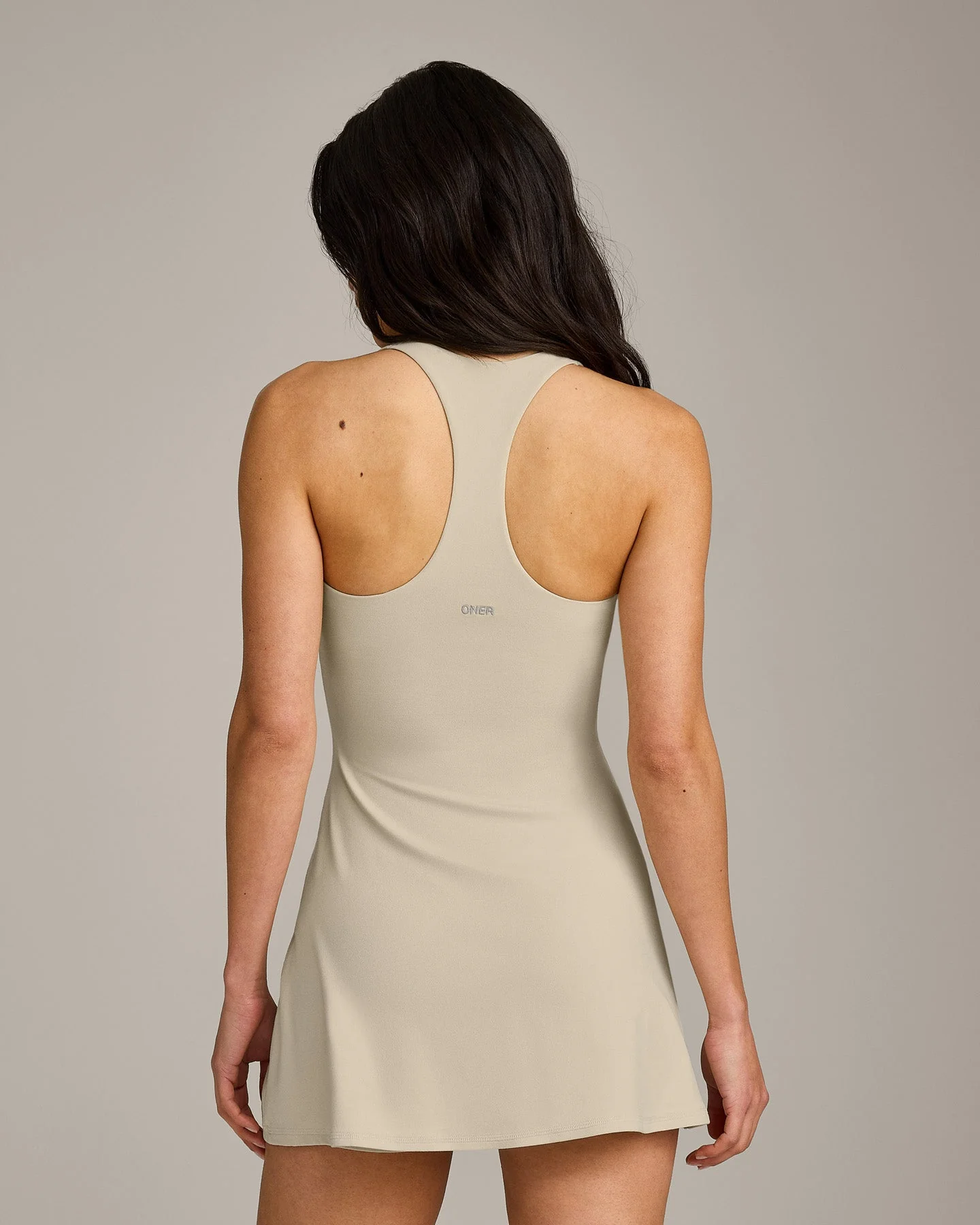 SoftMotion™ Racer Back Dress with Built in Shorts with Grey Logo | Oatmeal - Image 6