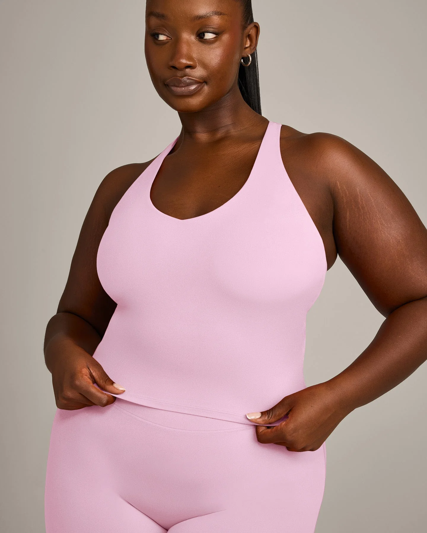 SoftMotion™ Racer Back Mid Vest with Built in Bra Shelf with Grey Logo | Chalk Pink - Image 4
