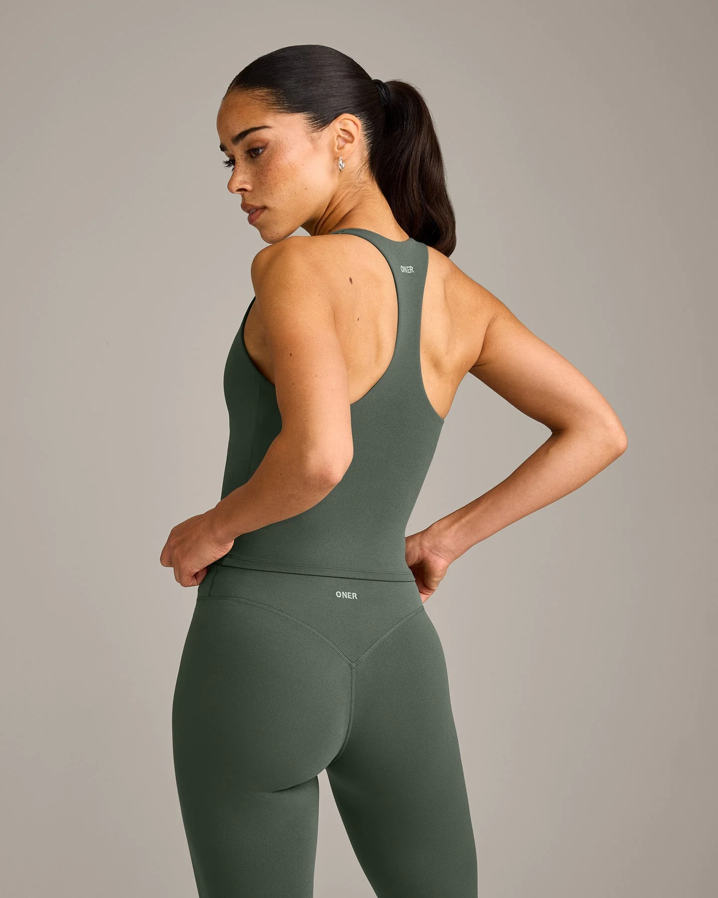 SoftMotion™ Racer Back Mid Vest with Built in Bra Shelf with Grey Logo | Dark Khaki - Image 6