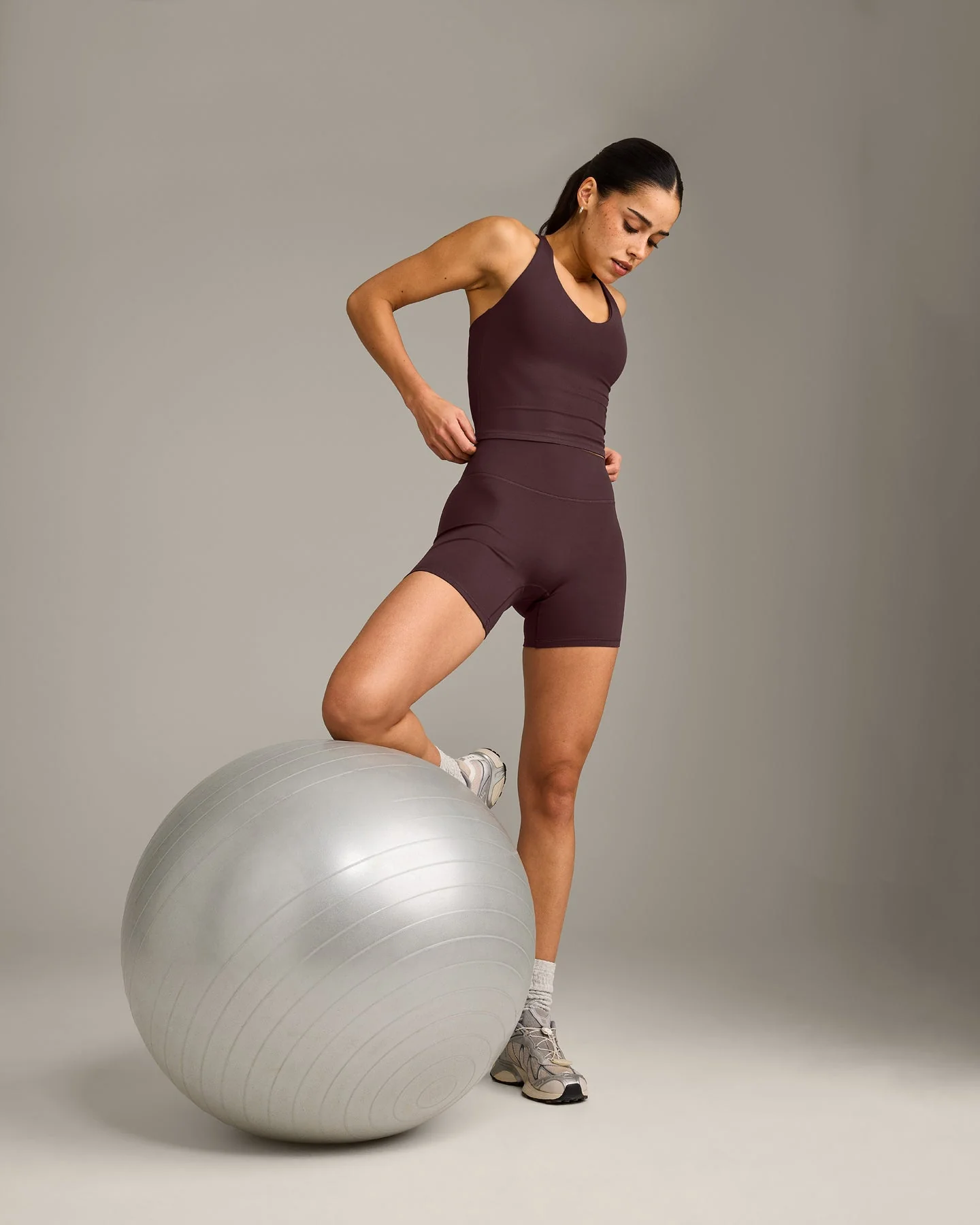SoftMotion™ Racer Back Mid Vest with Built in Bra Shelf with Grey Logo | Plum Brown - Image 3
