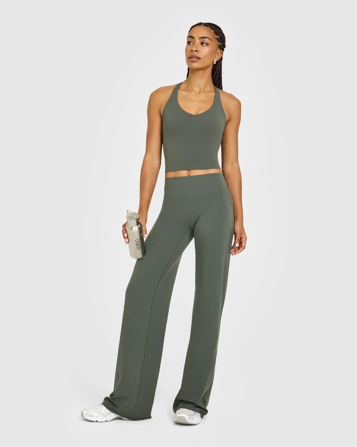 SoftMotion™ Racer Back Mid Vest with Built in Bra Shelf with White Logo | Dark Khaki - Image 3