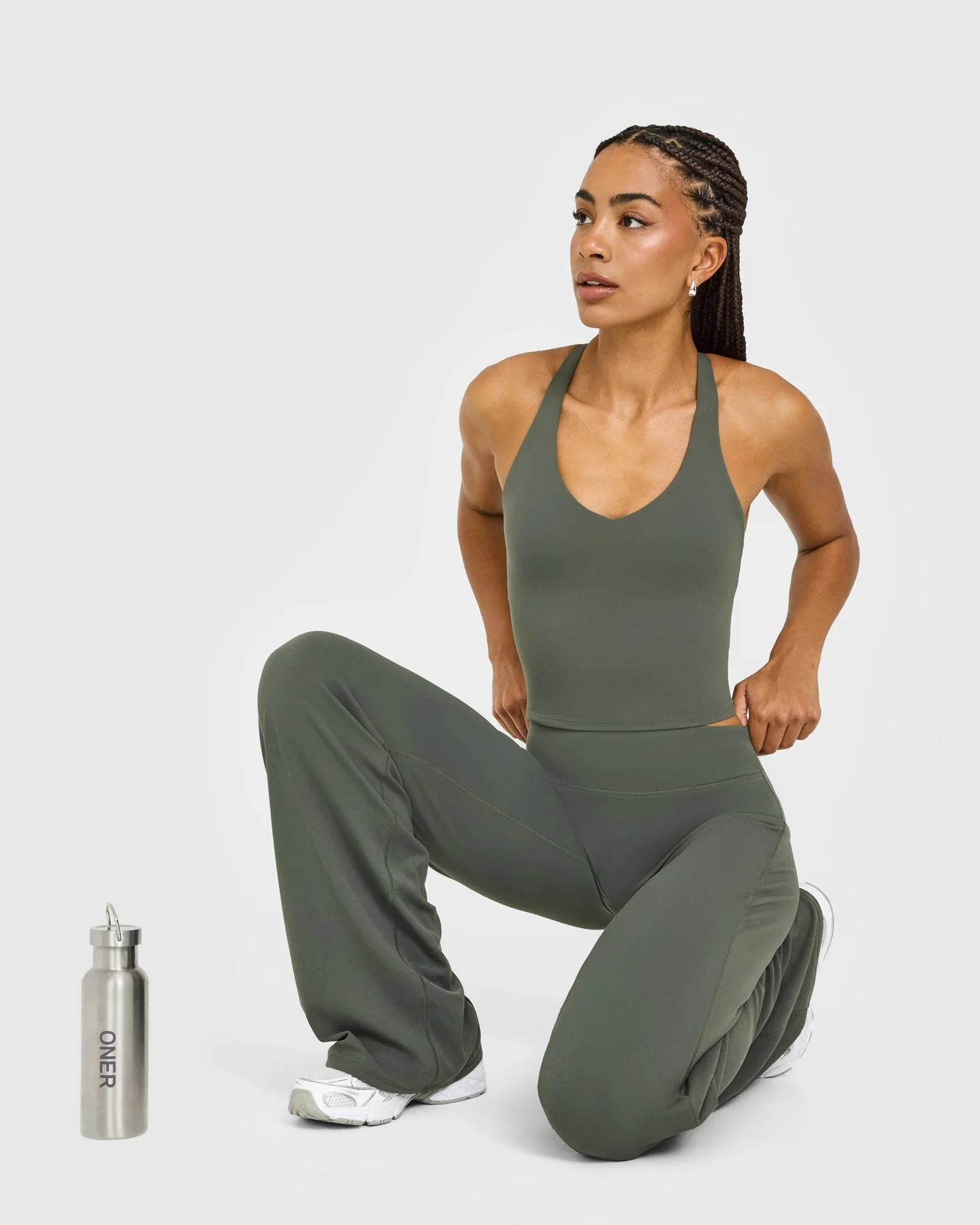 SoftMotion™ Racer Back Mid Vest with Built in Bra Shelf with White Logo | Dark Khaki - Image 6