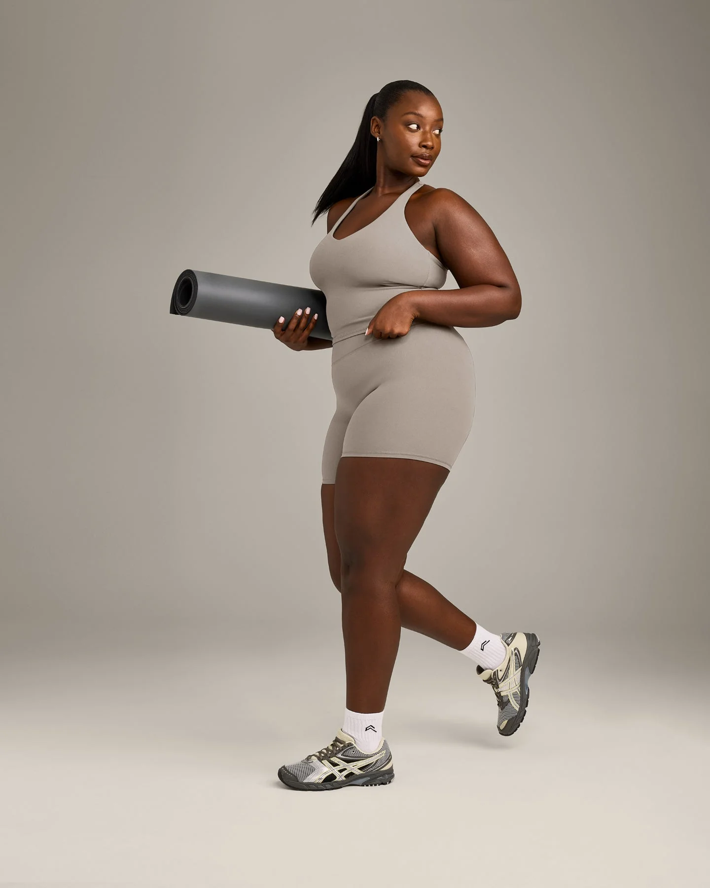 SoftMotion™ Racer Back Mid Vest with Built in Bra Shelf with White Logo | Warm Sand - Image 2
