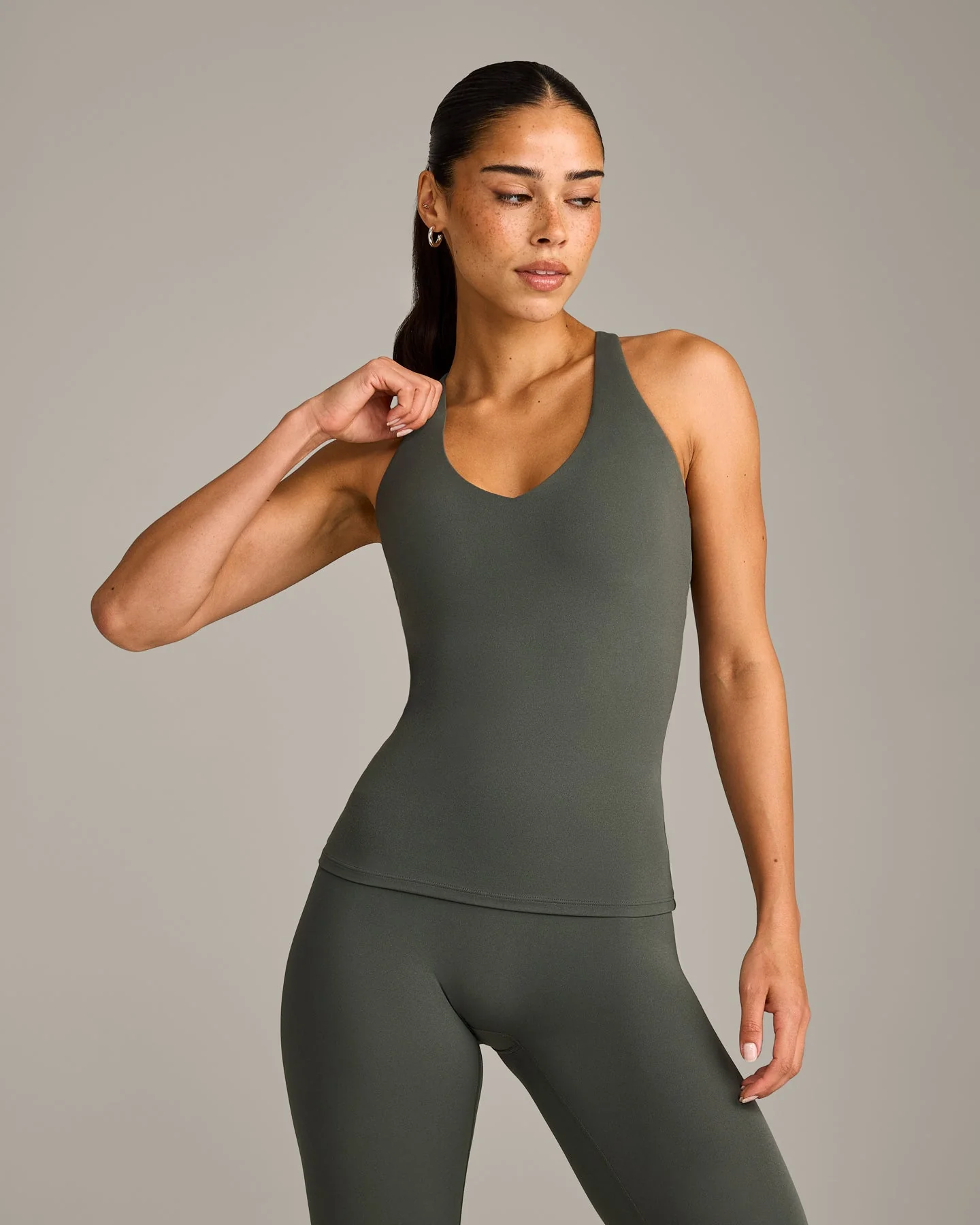 SoftMotion™ Racer Back Vest with Built in Bra Shelf with Grey Logo | Dark Khaki