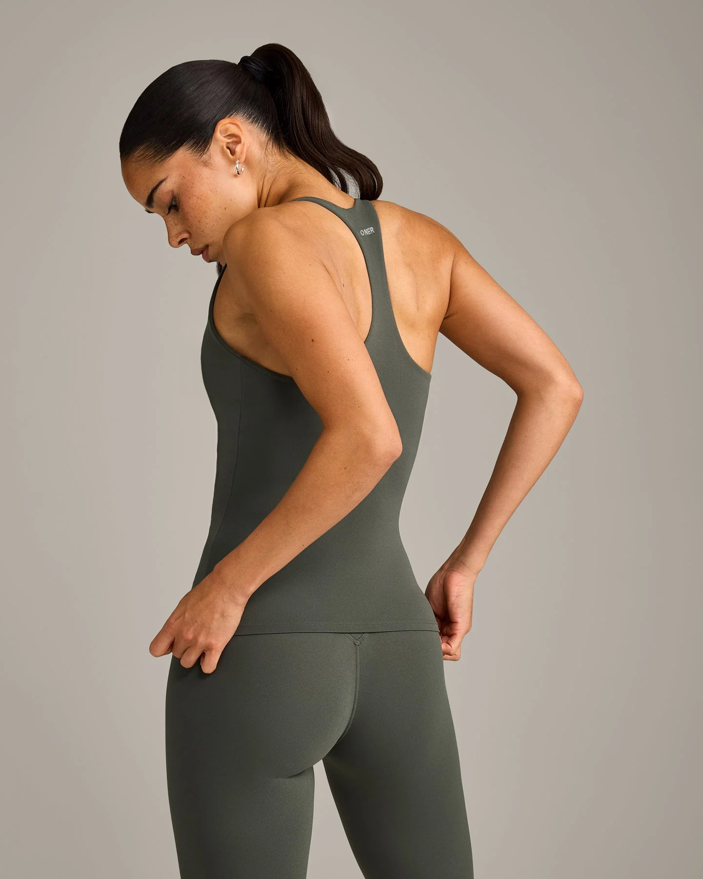 SoftMotion™ Racer Back Vest with Built in Bra Shelf with Grey Logo | Dark Khaki - Image 2