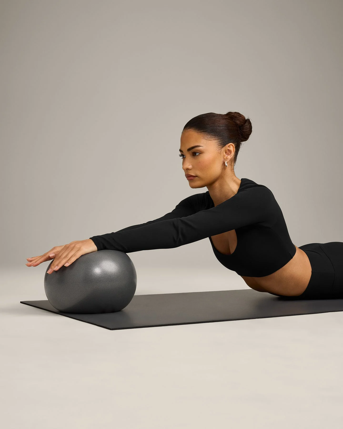 SoftMotion™ Scoop Neck Long Sleeve Crop Top with Built in Bra Shelf with Grey Logo | Black - Image 5