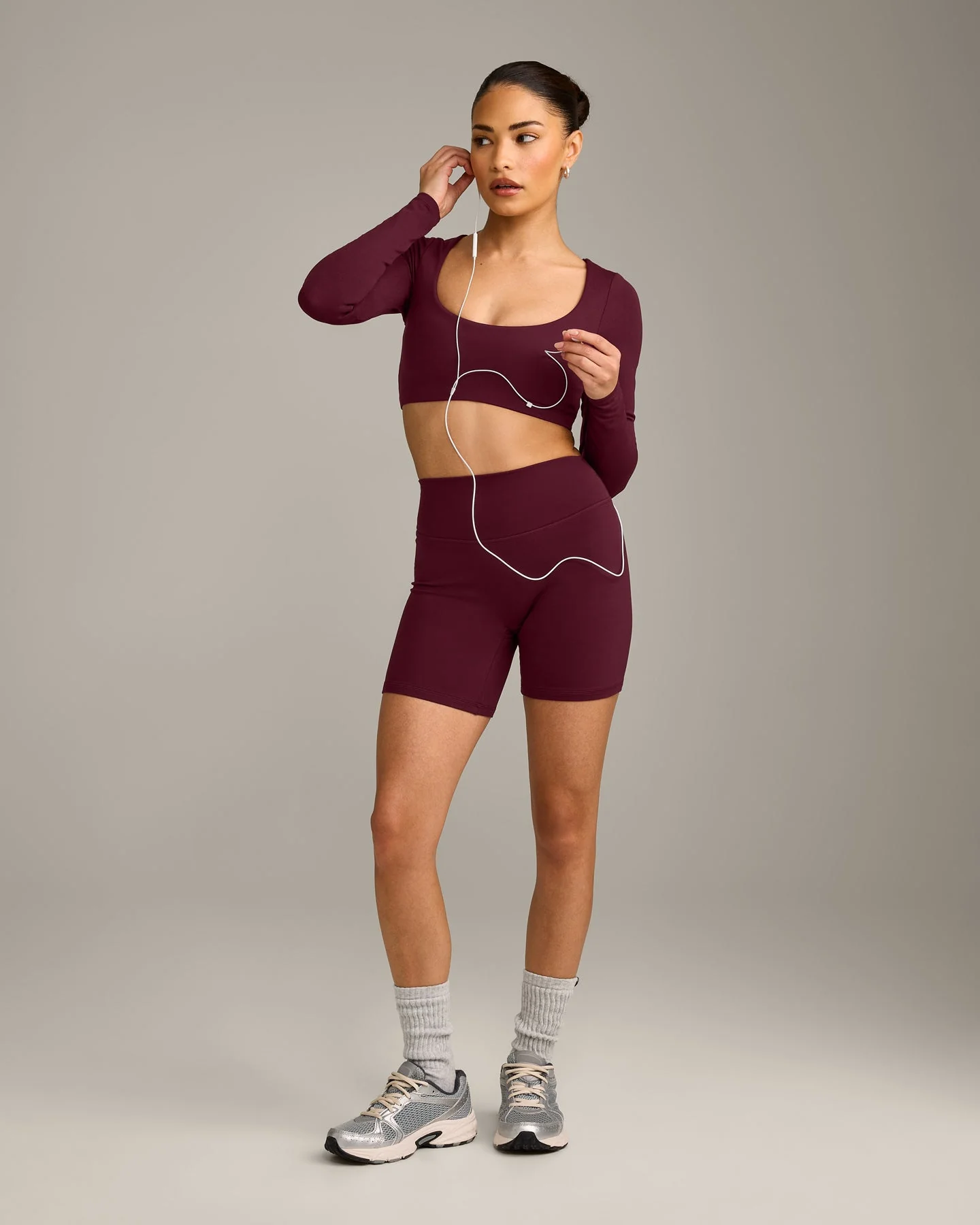 SoftMotion™ Scoop Neck Long Sleeve Crop Top with Built in Bra Shelf with Grey Logo | Cherry Lacquer Purple - Image 3