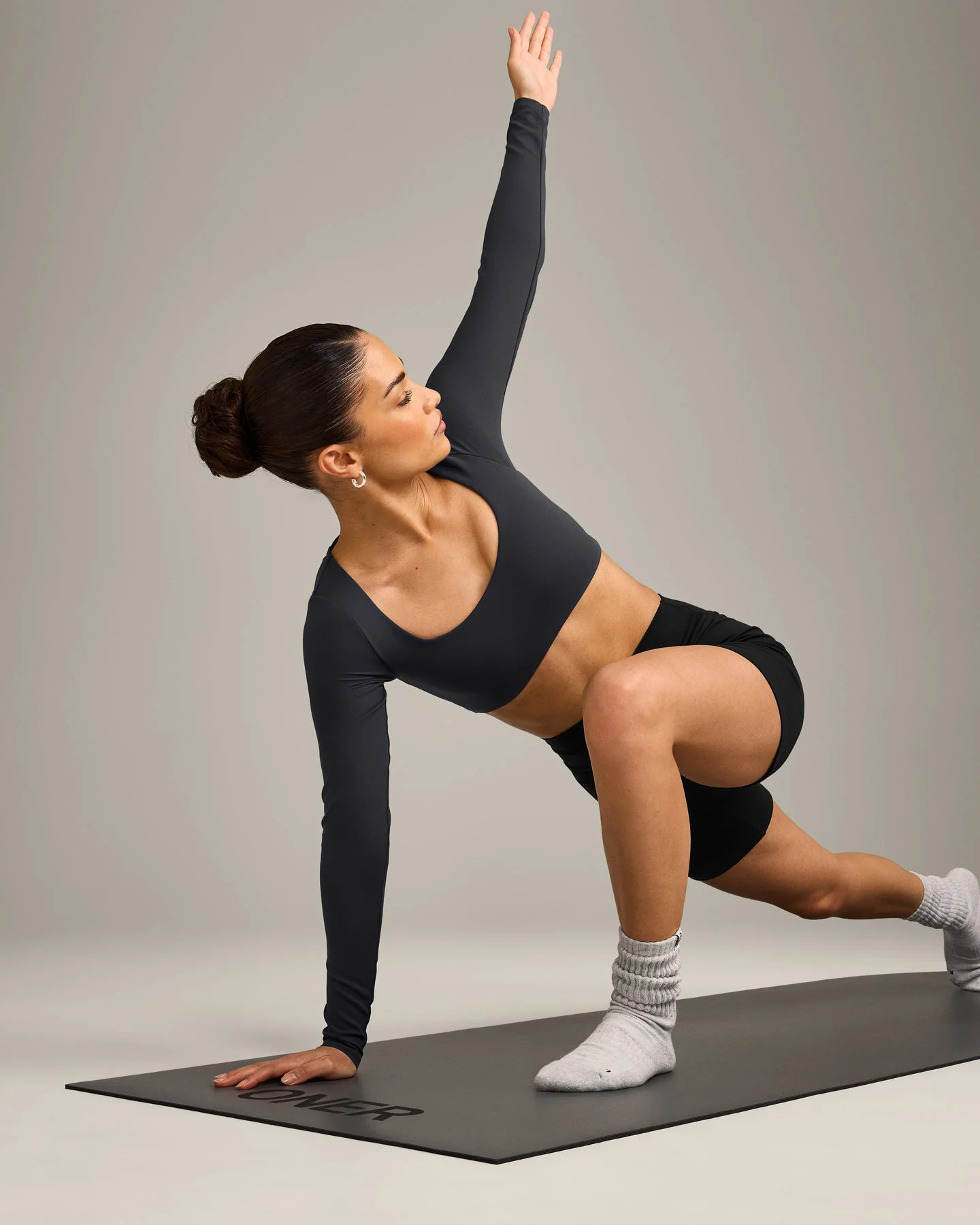 SoftMotion™ Scoop Neck Long Sleeve Crop Top with Built in Bra Shelf with Grey Logo | Coal - Image 3