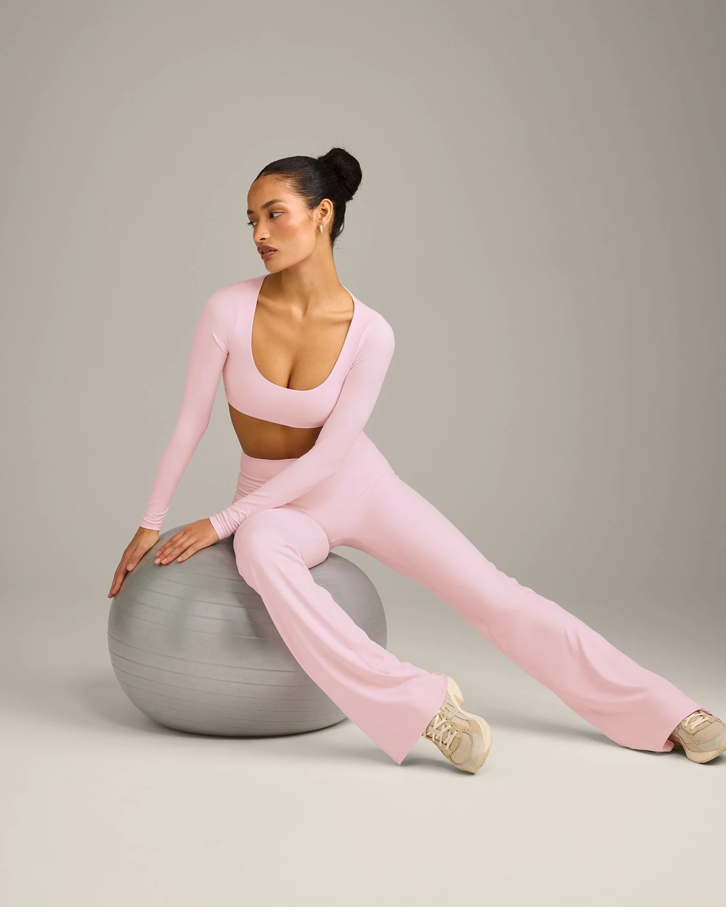 SoftMotion™ Scoop Neck Long Sleeve Crop Top with Built in Bra Shelf with Grey Logo | Soft Girl Pink - Image 3