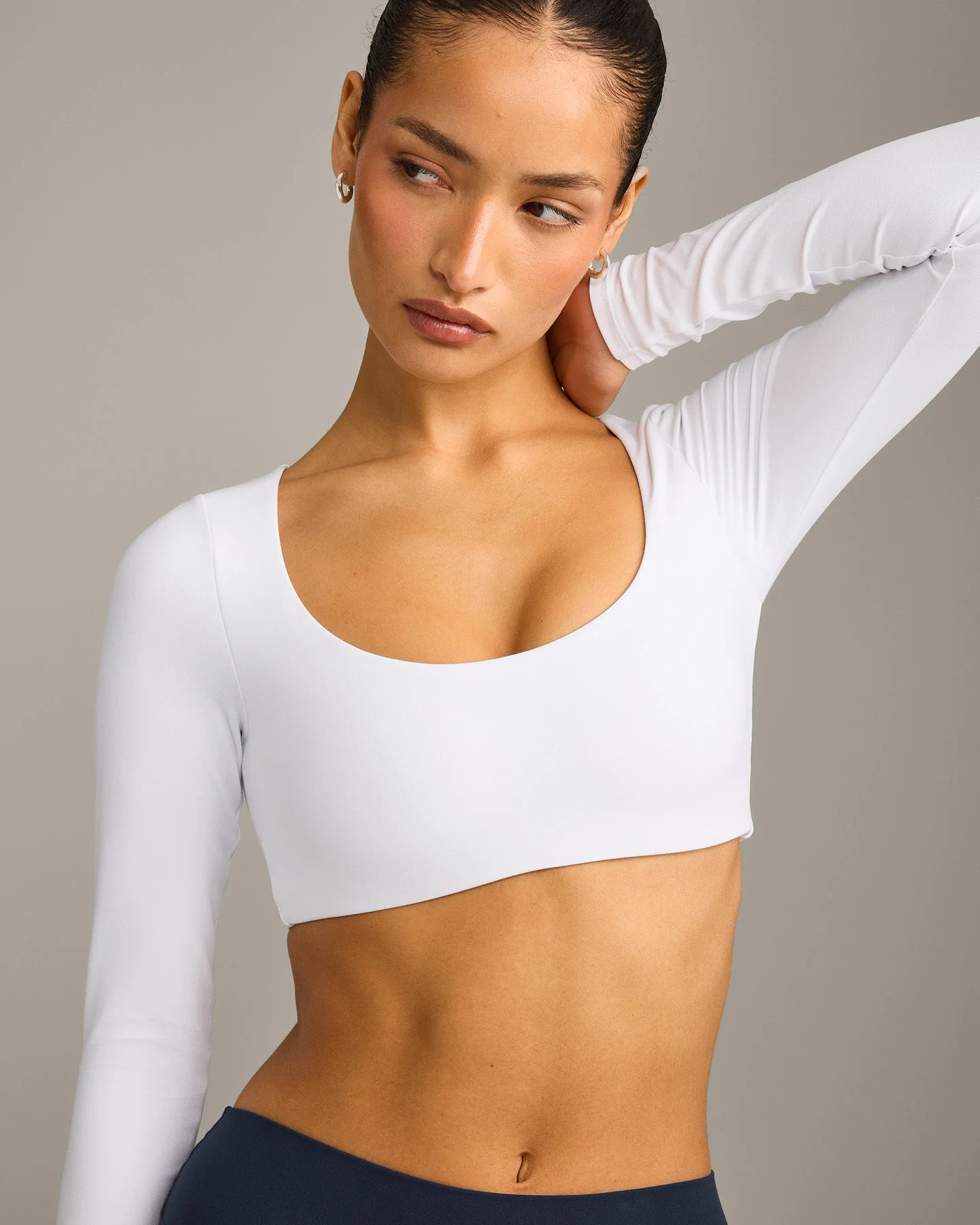 SoftMotion™ Scoop Neck Long Sleeve Crop Top with Built in Bra Shelf with Grey Logo | White - Image 2