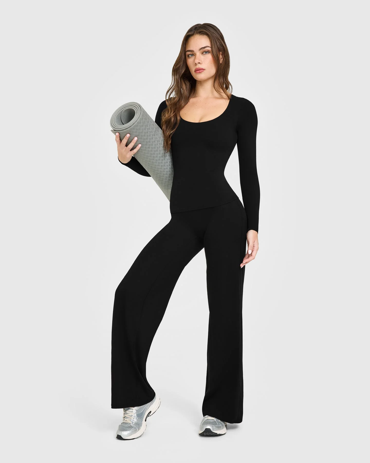 SoftMotion™ Scoop Neck Long Sleeve Top with Built in Bra Shelf with White Logo | Black - Image 3