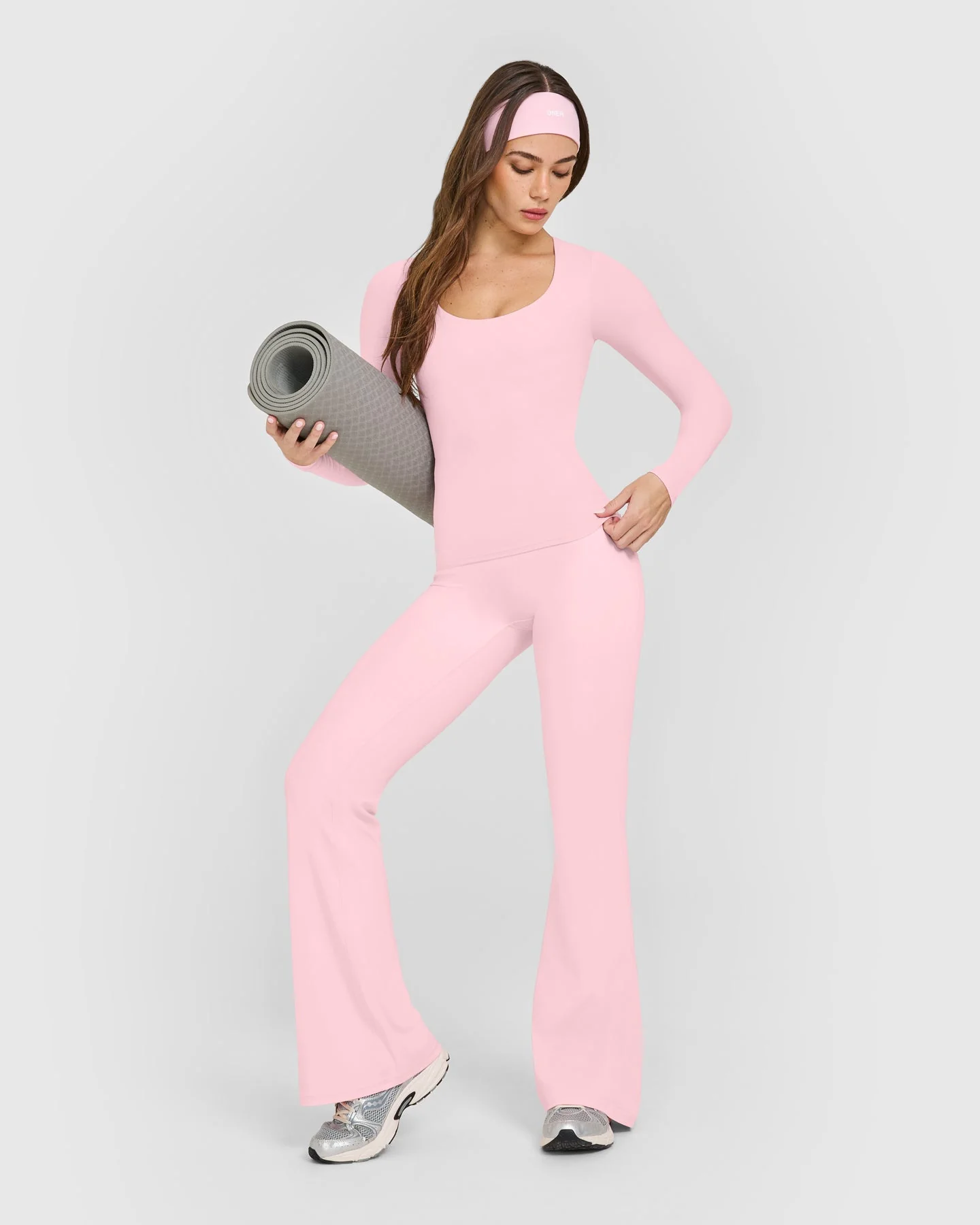 SoftMotion™ Scoop Neck Long Sleeve Top with Built in Bra Shelf with White Logo | Cherry Blossom Pink - Image 3