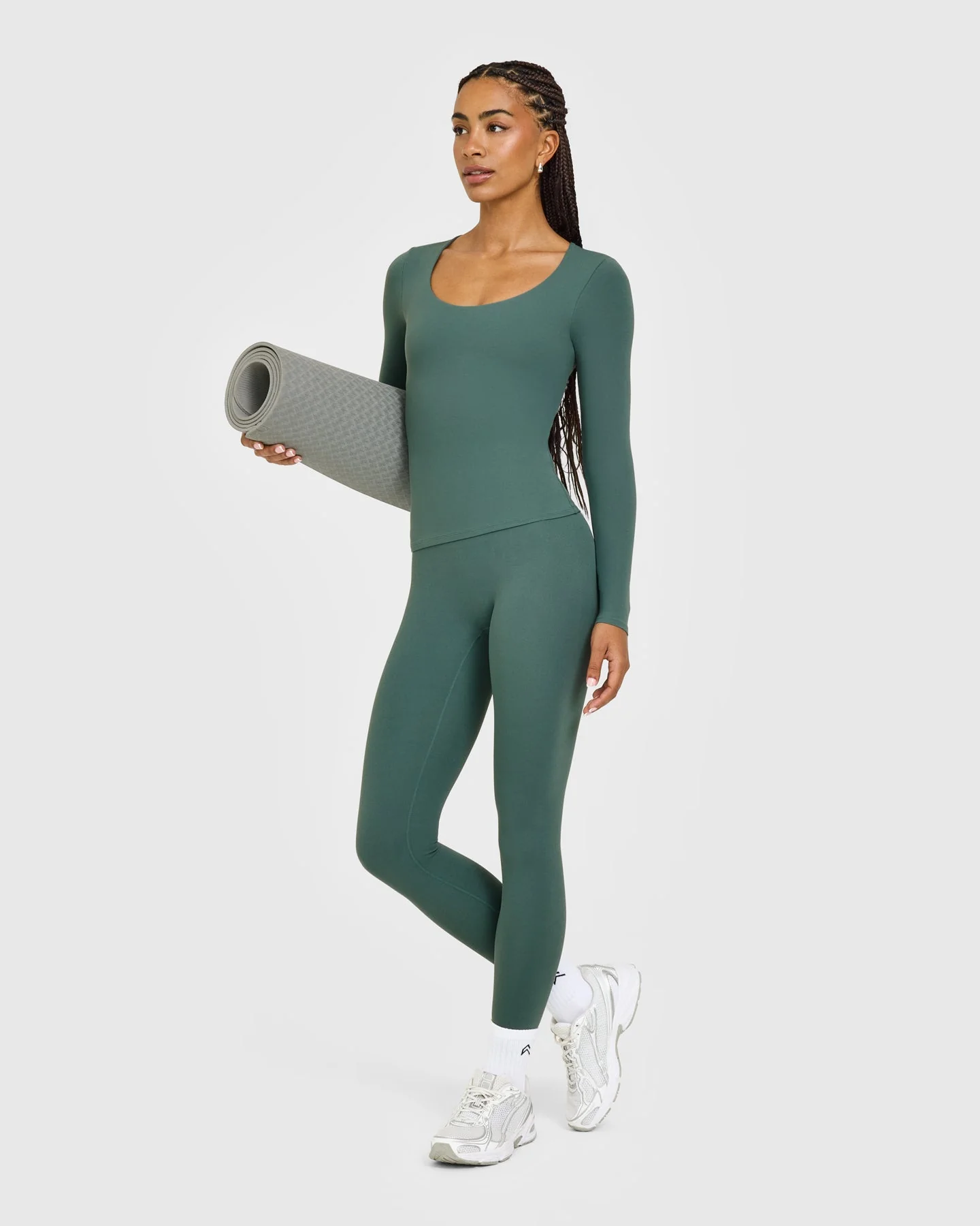 SoftMotion™ Scoop Neck Long Sleeve Top with Built in Bra Shelf with White Logo | Iced Green - Image 3