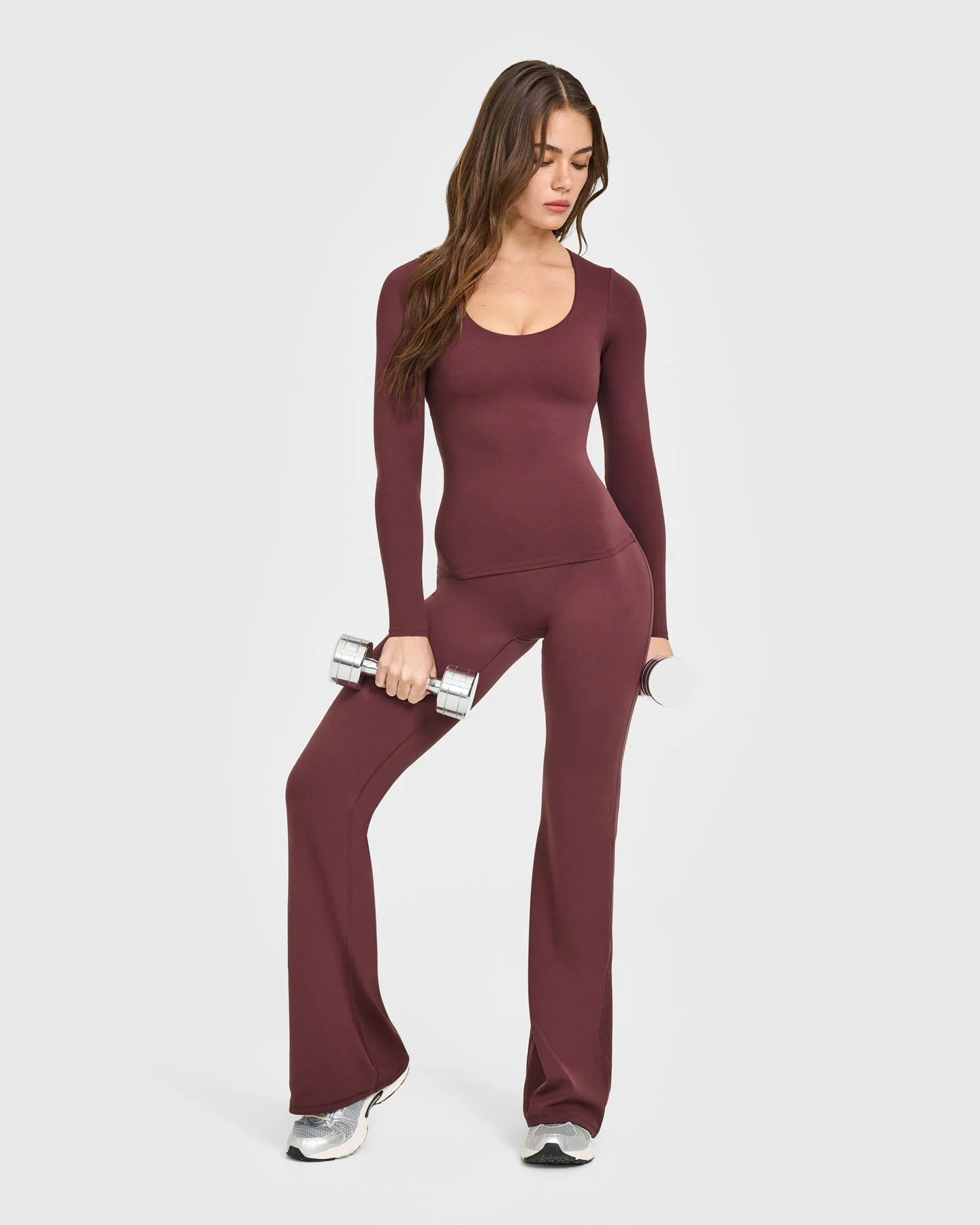 SoftMotion™ Scoop Neck Long Sleeve Top with Built in Bra Shelf with White Logo | Velvet Mocha - Image 3