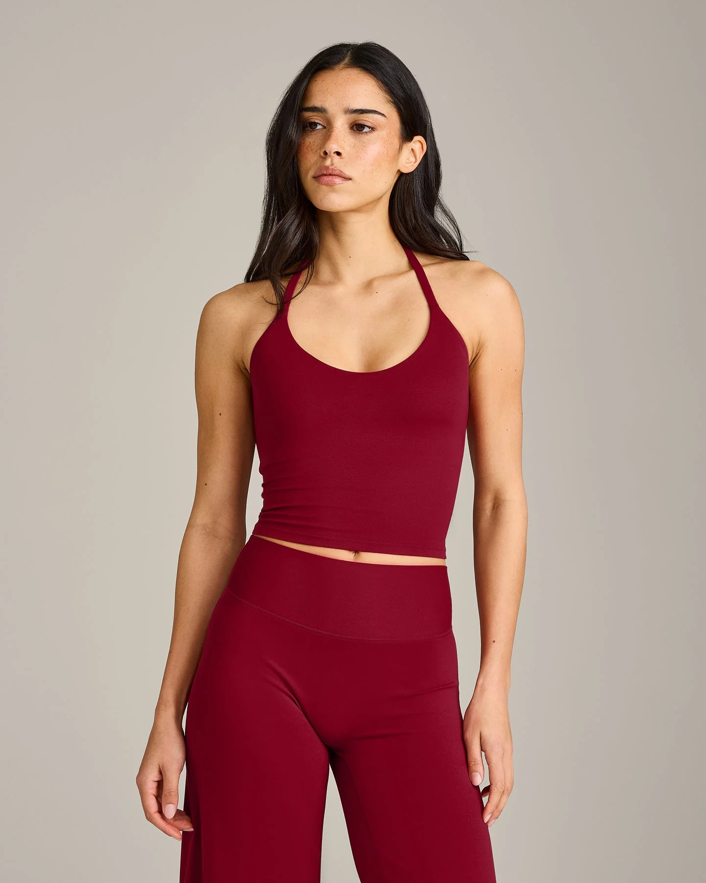 SoftMotion™ Strappy Halter Neck Mid Tank Top with Built in Bra Shelf with Grey Logo | Ruby Red