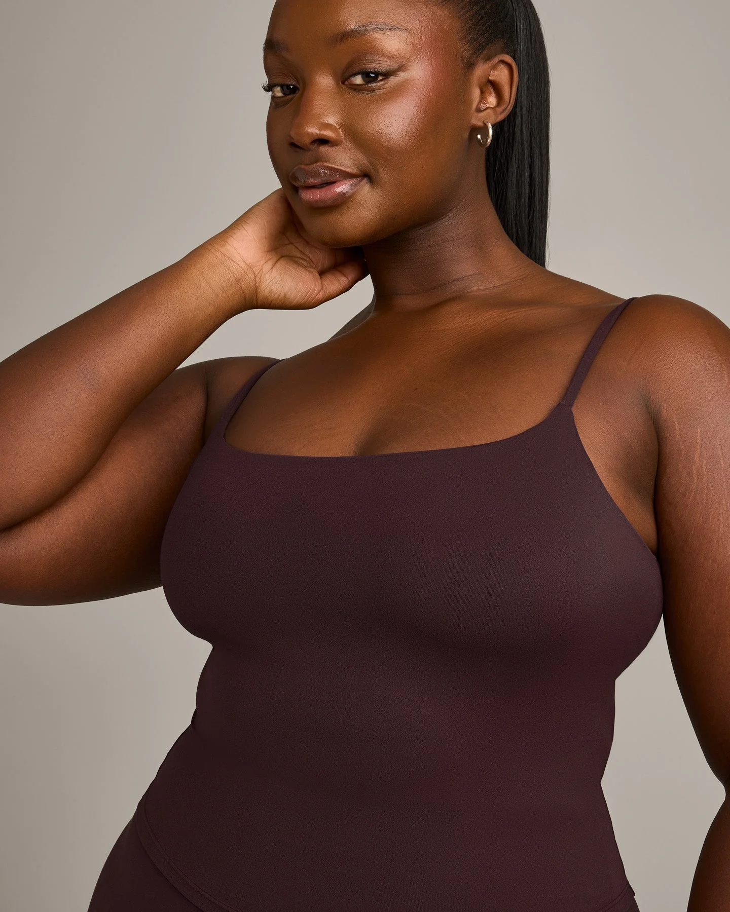 SoftMotion™ Strappy Mid Vest with Built in Bra Shelf with Grey Logo | Plum Brown - Image 2
