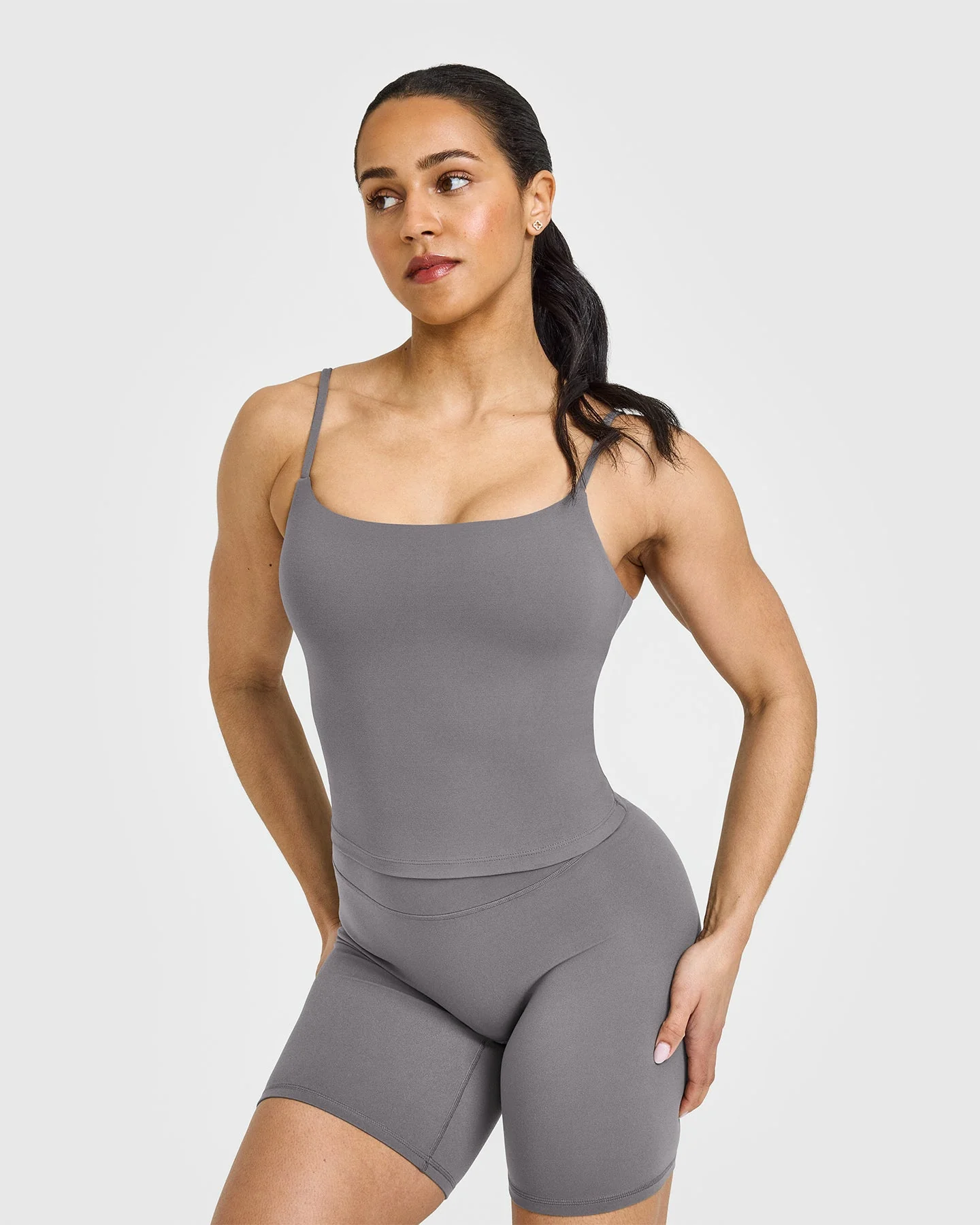 SoftMotion™ Strappy Mid Vest with Built in Bra Shelf with White Logo | Ash Grey