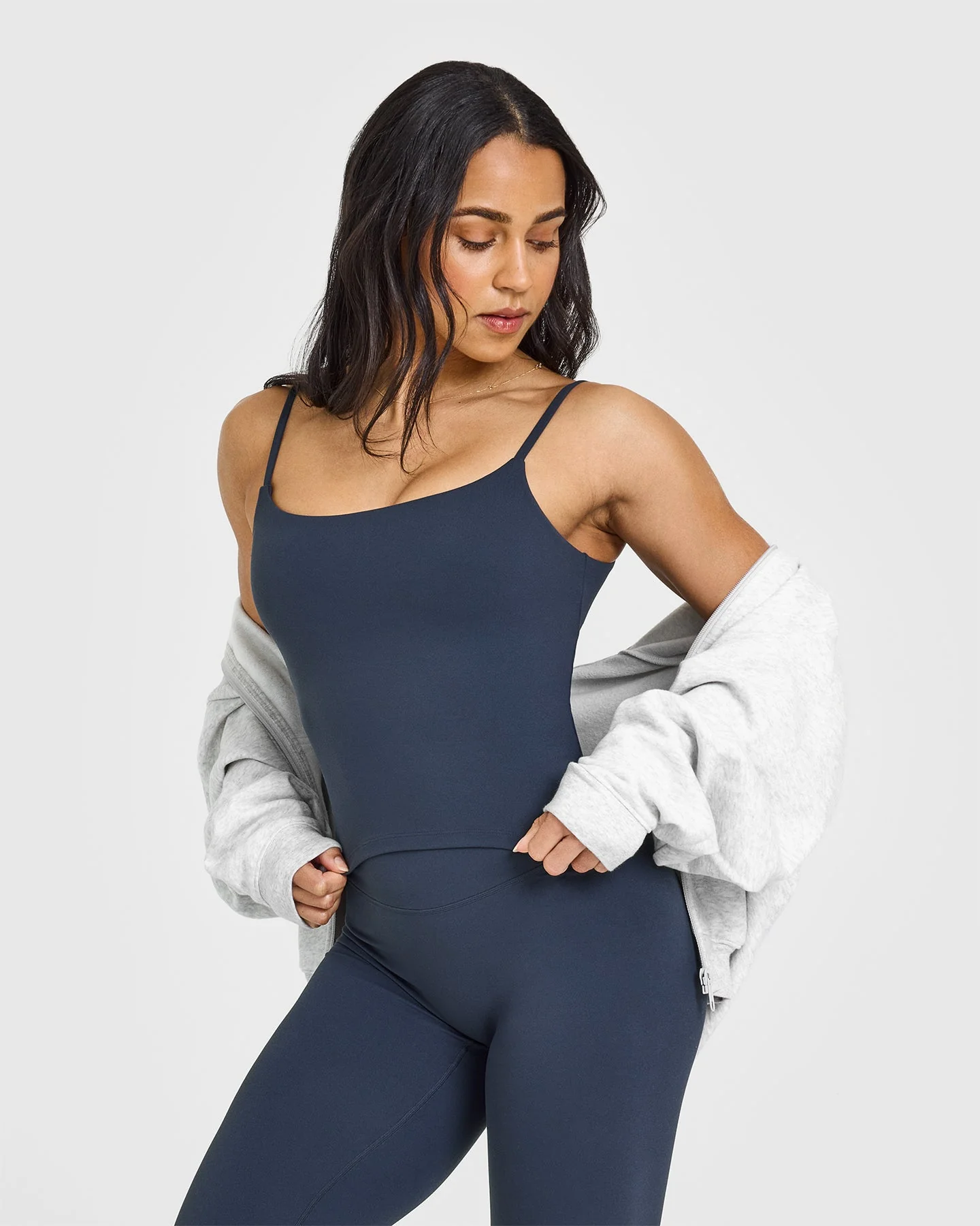 SoftMotion™ Strappy Mid Vest with Built in Bra Shelf with White Logo | True Blue